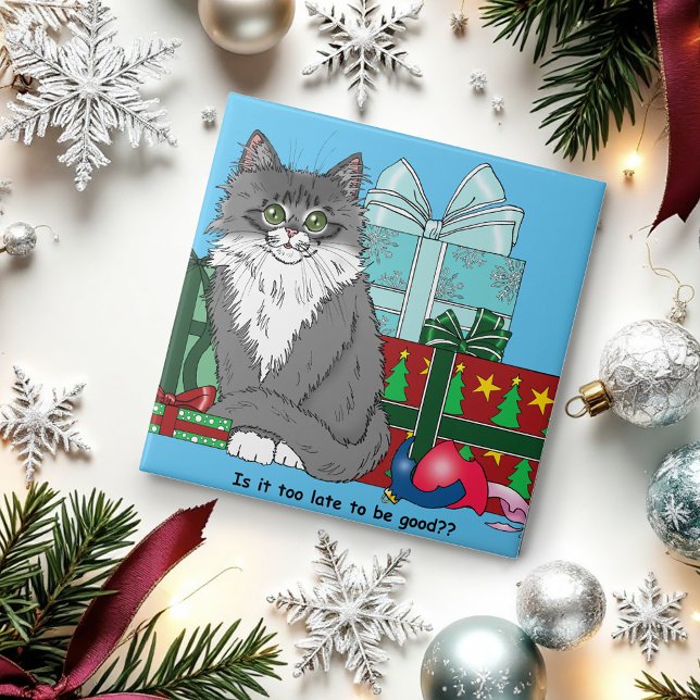 Grey White Christmas Kitten Ceramic Tile (Creator Uploaded)