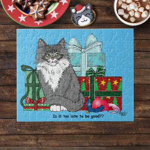 Grey White Christmas Kitten Jigsaw Puzzle