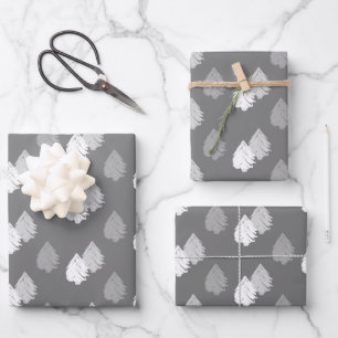 Grey White Christmas Tree Pattern Wrapping Paper Sheet