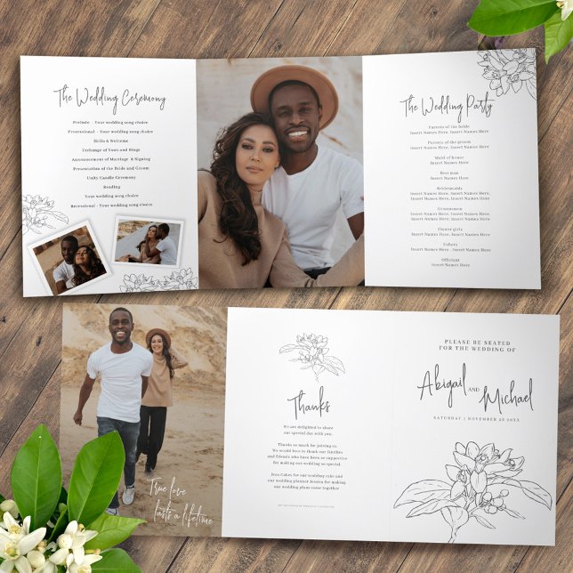 Grey white citrus blossom drawing photos wedding Tri-Fold programme (Creator Uploaded)