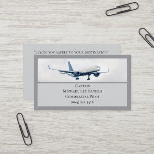 Grey White Commercial Aeroplane Captain Pilot Business Card