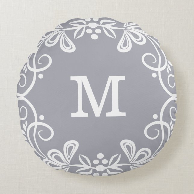 Grey White Custom Monogram Decorative Round Cushion (Front)