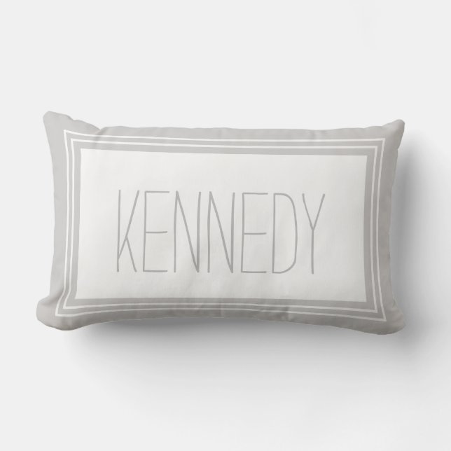 Grey White Custom Monogram Name Keepsake Lumbar Cushion (Front)