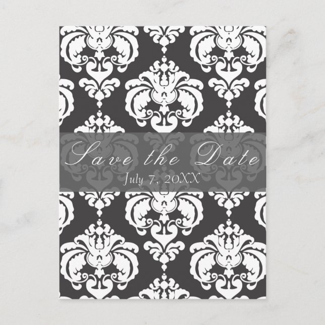 Grey & White Damask Chic Wedding Save the Date Announcement Postcard (Front)