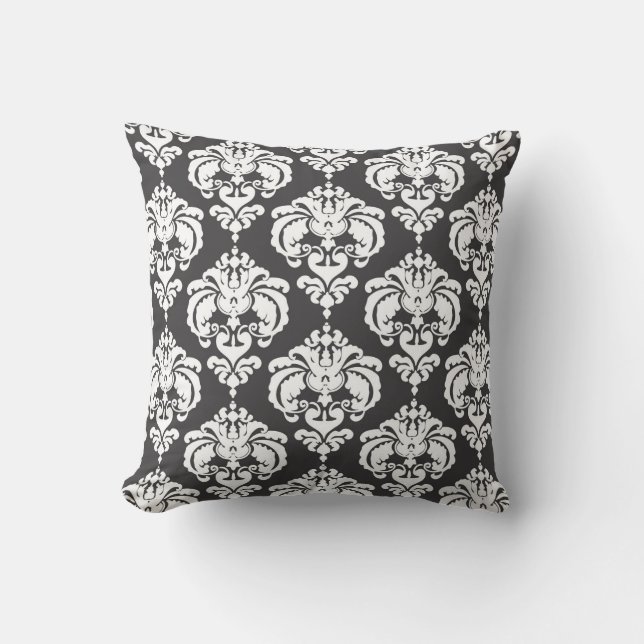 Grey & White Damask Modern Elegant Pattern Cushion (Front)