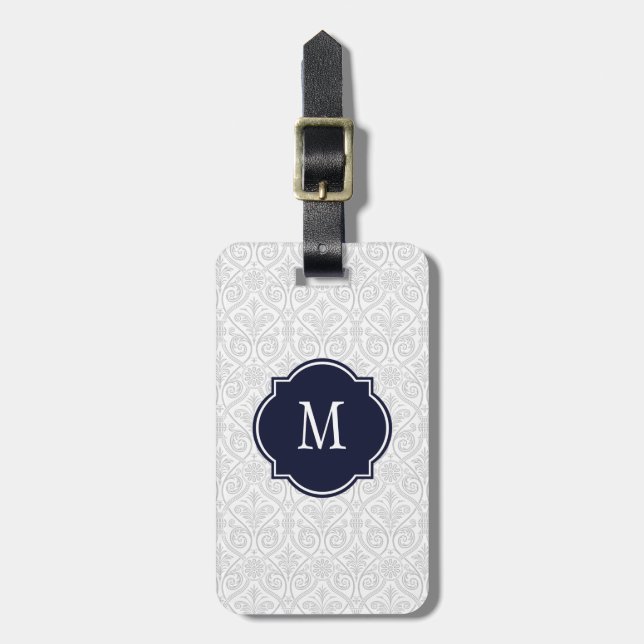 Grey & White Damask Monogram Luggage Tag (Front Vertical)