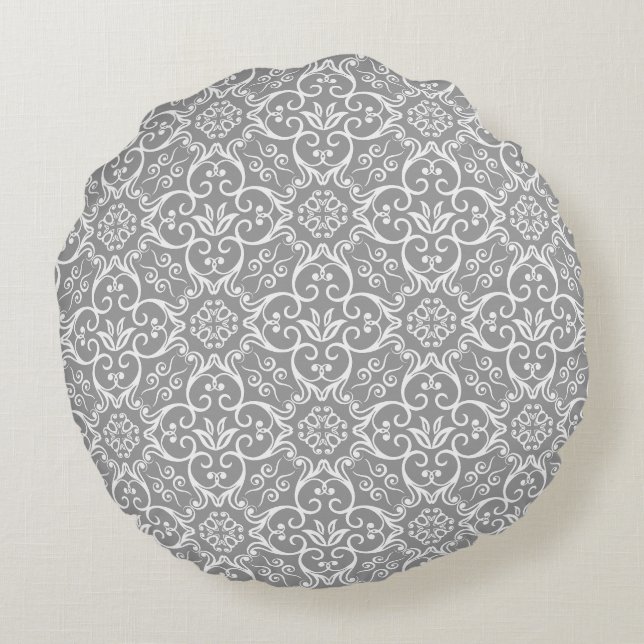Grey & White Damask Round Pillow (Back)