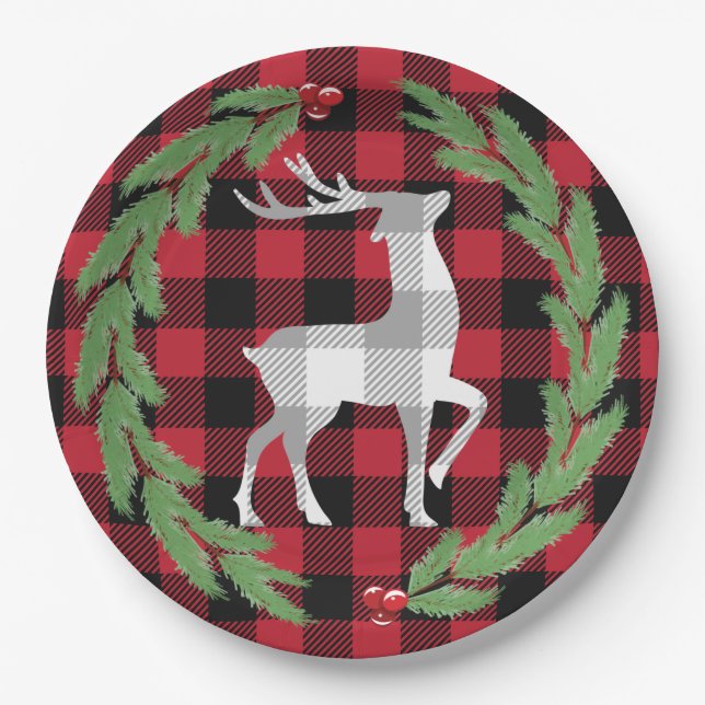 Grey White Deer Buffalo Plaid Holly Pine Berries Paper Plate (Front)