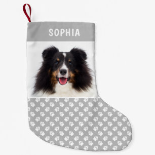 Grey White Dog Paws Custom Pet Photo Personal Name Small Christmas Stocking