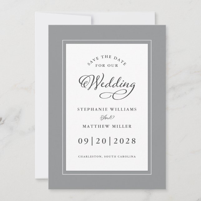 Grey White Elegant Wedding Chic Script Border Save The Date (Front)