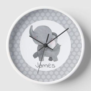 Grey White Elephant Baby Nursery Clock With Name