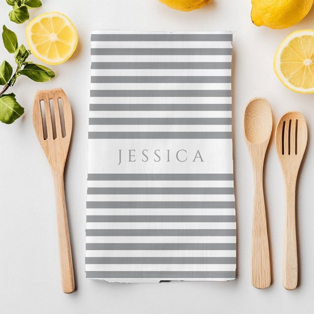 Grey & White Farmhouse Striped Pattern Tea Towel (Gray & White Farmhouse Striped Pattern Kitchen Towel)