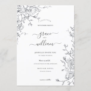 Grey White Floral Calligraphy Script Wedding Invitation