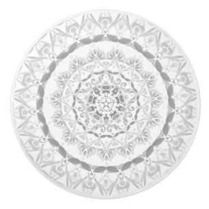 Grey White Floral Damask Mandala Ceramic Knob