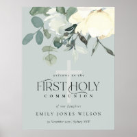 GREY WHITE FLORAL FIRST HOLY COMMUNION WELCOME