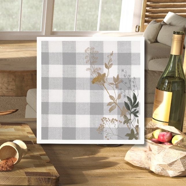 Grey White Floral Gingham Plaid Country Farmhouse Napkin (Creator Uploaded)