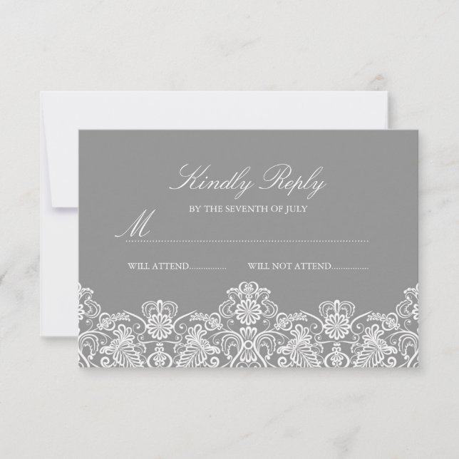 Grey & White Floral Lace Wedding RSVP (Front)
