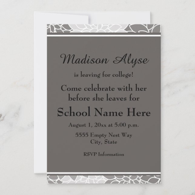 Grey White Floral Leaving for College Party Invite (Front)