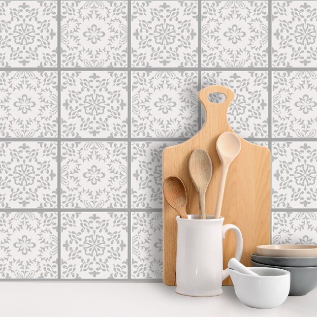 Grey White Floral Mosaic Tile Pattern Peel Stick Wallpaper (Creator Uploaded)