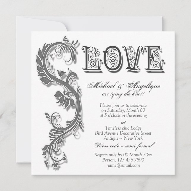 Grey white floral swirl engagement wedding invitation (Front)