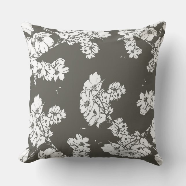 Grey white flowers pillow modern sofa throw cotton (Front)