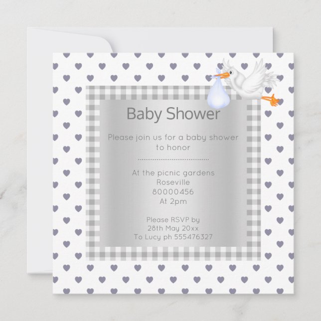 Grey White Gingham babyshower single stork Invitation (Front)