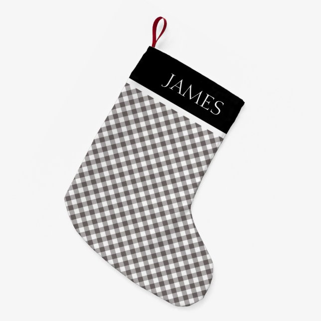 Grey White Gingham Black Collar Custom Name Small Christmas Stocking (Front (Hanging))