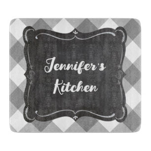 Grey White Gingham Farmhouse Style Name Cutting Board