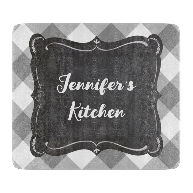 Grey White Gingham Farmhouse Style Name Cutting Board (Front)