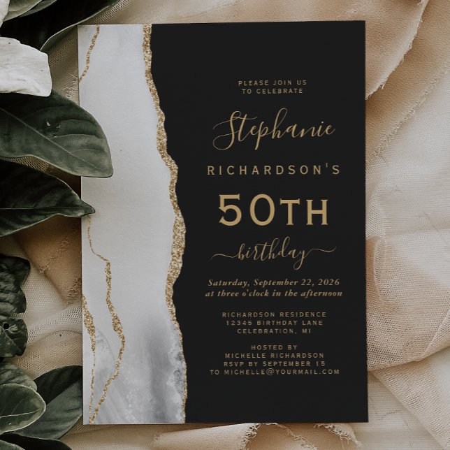 Grey White Gold Agate Dark 50th Birthday Party Invitation (Creator Uploaded)