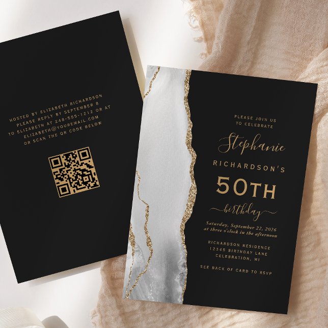 Grey White Gold Agate QR Code 50th Birthday Invitation (Creator Uploaded)
