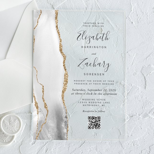 Grey White Gold Agate QR Code Wedding Acrylic Invitations (Creator Uploaded)