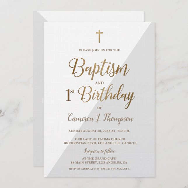 Grey White Gold Cross Baptism 1st Birthday Invitation (Front/Back)