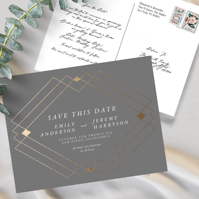 Grey & White Gold Deco Lines Save The Date Wedding Postcard (Creator Uploaded)