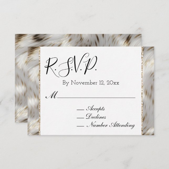 Grey White Gold Faux Fur RSVP Enclosure Card (Front/Back)