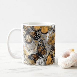 Grey White Gold Floral Butterflies Elegant Coffee Mug