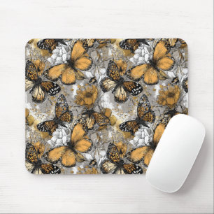 Grey White Gold Floral Butterflies Elegant Mouse Pad