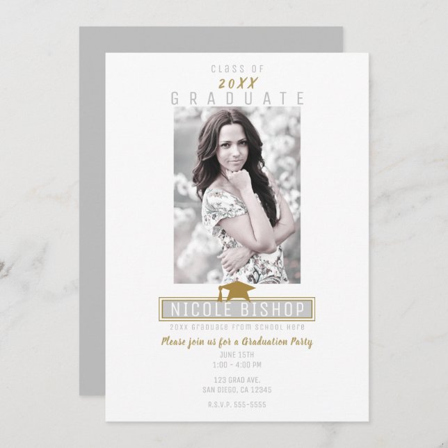 Grey White & Gold Modern Photo Graduation Party Invitation (Front/Back)