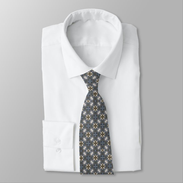 Grey White Gold Stylish Dapper Plaid Pattern Tie (Tied)