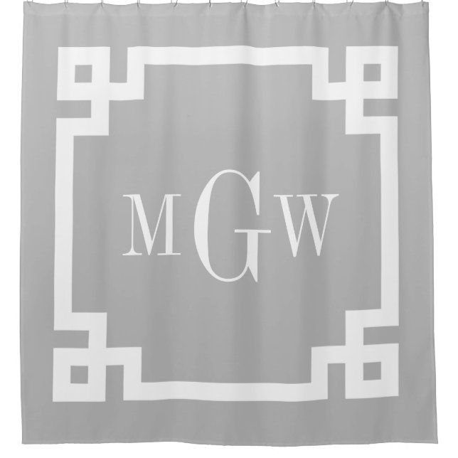 Grey White Greek Key #2 Framed 3I Monogram Shower Curtain (Front)