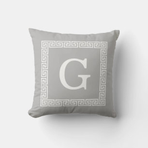 Grey White Greek Key Frame #1 Initial Monogram Cushion