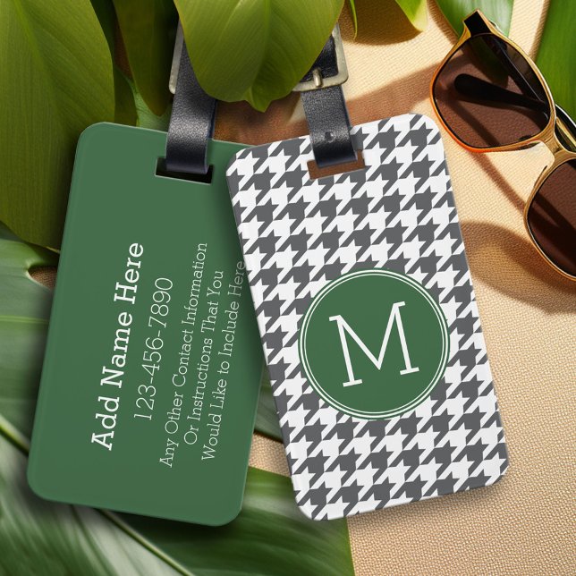 Grey White Green Houndstooth Pattern Monogram Luggage Tag (Custom Photo Collage Luggage Tag)