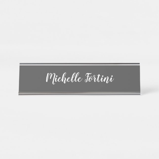 Grey White Handwriting Minimalist Plain Modern  Desk Name Plate (Front)