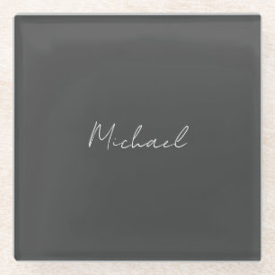 Grey White Handwritten Minimalist Your Name Glass Coaster