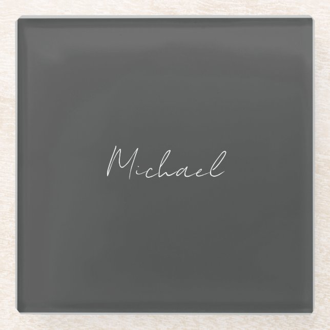 Grey White Handwritten Minimalist Your Name Glass Coaster (Front)