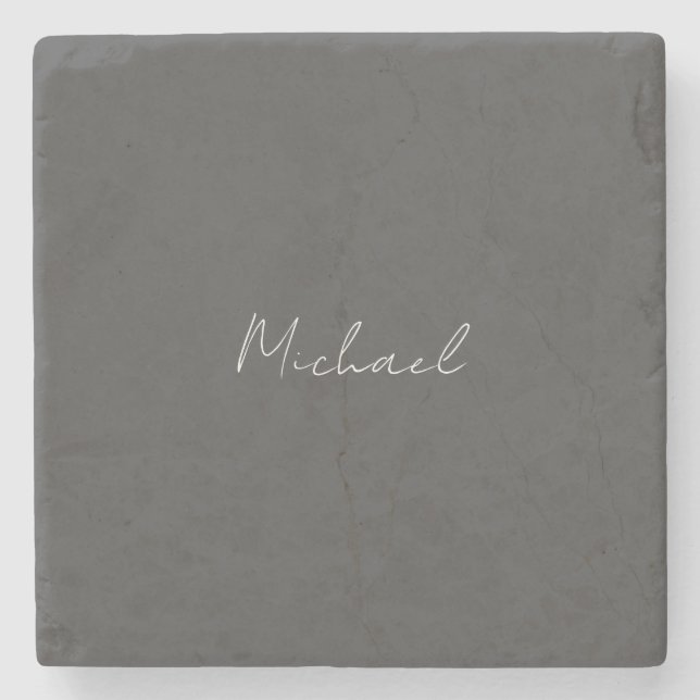Grey White Handwritten Minimalist Your Name Stone Coaster (Front)