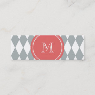 Grey White Harlequin Pattern, Coral Monogram Mini Business Card