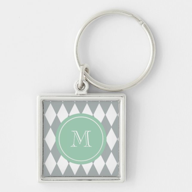 Grey White Harlequin Pattern, Mint Green Monogram Key Ring (Front)
