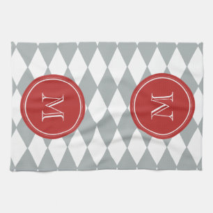 Grey White Harlequin Pattern, Red Monogram Tea Towel