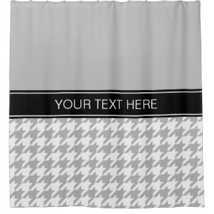 Grey White Houndstooth CB Black Name Monogram Shower Curtain